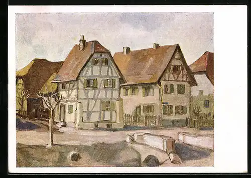 Künstler-AK Hirzbach, Strassenpartie mit Brücke