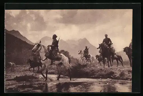 AK Soldaten der französischen Kavallerie durch einen Fluss reitend