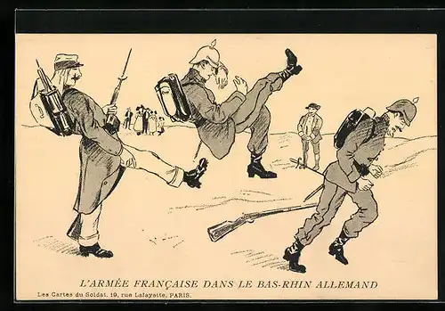 AK L'Armée Francaise dans le Bas-Rhin Allemand, Soldat tritt einem anderen in den Hintern, Propaganda Entente