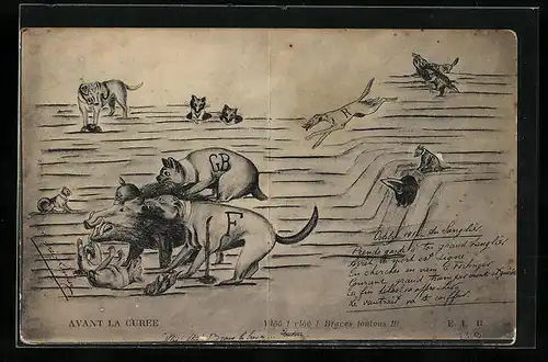 Künstler-AK Avant la Curee, Vloo! vloo! Braves toutous!!!, tapfere Hunde verschiedener Länder auf dem Schlachtfeld