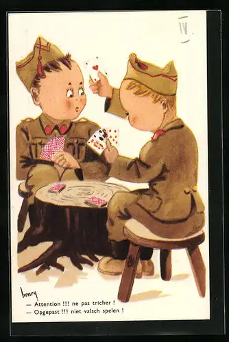 Künstler-AK sign. Henry: Belgische Soldaten beim Kartenspiel