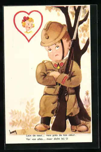 Künstler-AK sign. Henry: Belgischer Soldat denkt an seine Frau