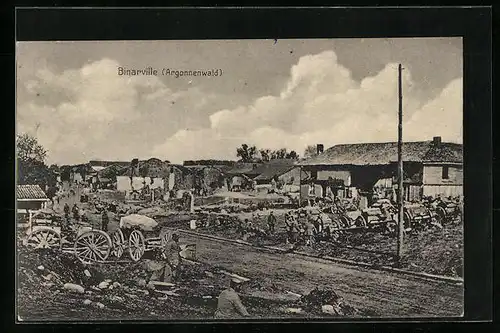 AK Binarville, Trainwagen mit zerstörtem Ort