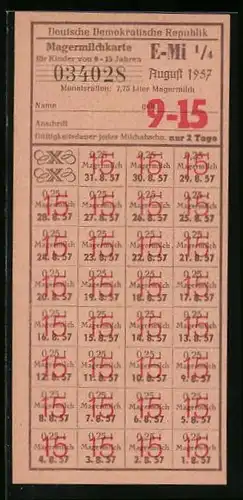 Lebensmittelmarke Magermilchkarte der DDR, August 1957