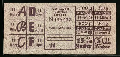 Lebensmittelmarke Zuckerkarte der BRD, März-April 1950