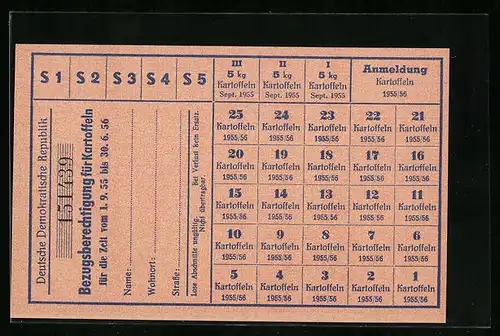 Lebensmittelmarke Bezugsberechtigung für Kartoffeln, DDR, Zeit vom 1.9.1955-30.6.1956