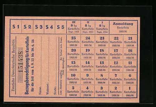 Lebensmittelmarke Bezugsberechtigung für Kartoffeln, DDR, Zeit vom 1.9.1955-30.6.1956