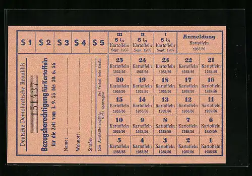 Lebensmittelmarke Bezugsberechtigung für Kartoffeln, DDR, Zeit vom 1.9.1955-30.6.1956