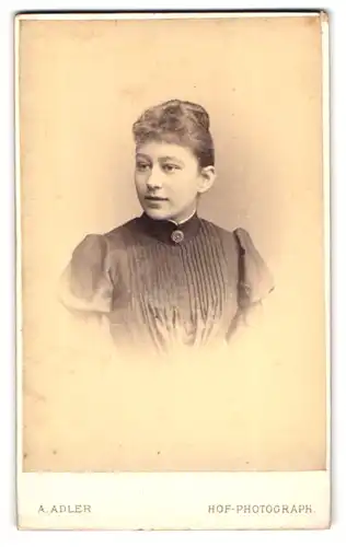 Fotografie A. Adler, Dresden, Victoriastrasse 21, Junge Frau im gerafften Kleid