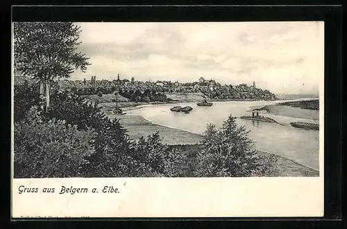 Künstler-AK Belgern a. Elbe, Panorama mit Fluss