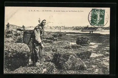 AK Le Portel, A marée basse, sur les Rochers du Fort