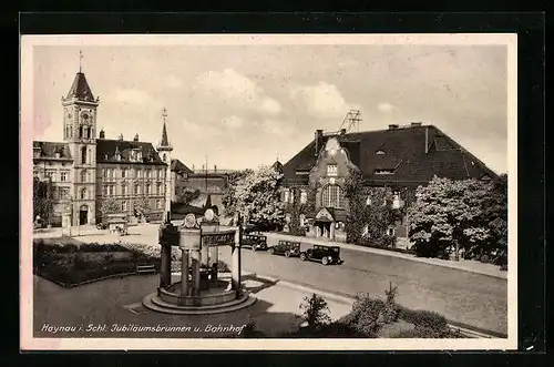 AK Haynau, Bahnhof und Jubiläumsbrunnen