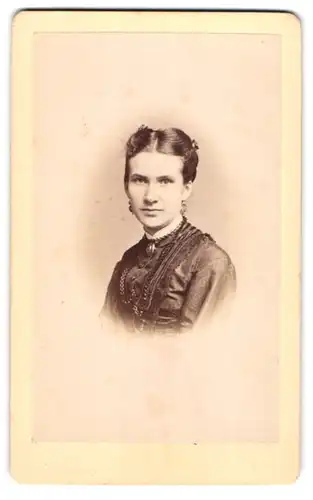 Fotografie L. Belitski, Nordhausen, Portrait junge Frau im seidenen Biedermeierkleid mit Brosche und Ohrringen