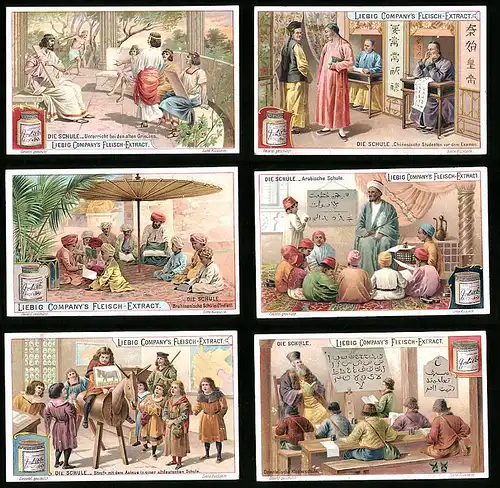 6 Sammelbilder Liebig, Serie Nr.: 712, Die Schule, Indien, Asinus, Arabisch, China, bei den alten Griechen