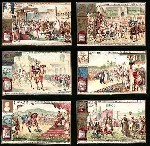 6 Sammelbilder Liebig, Serie Nr.: 725, Grosse Eroberer, Karl d. Grosse, Cäsar, Cyrus, Omar, Alexander d. Grosse, Tutmosis