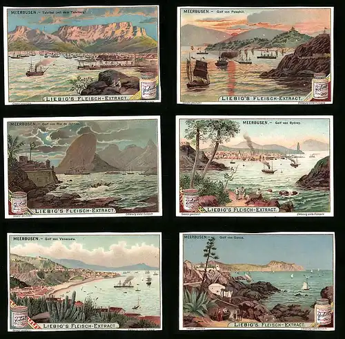 6 Sammelbilder Liebig, Serie Nr.: 735, Meerbusen, Genua, Venezuela, Sydney, Rie de Janeiro, Petschili, Tafelbai