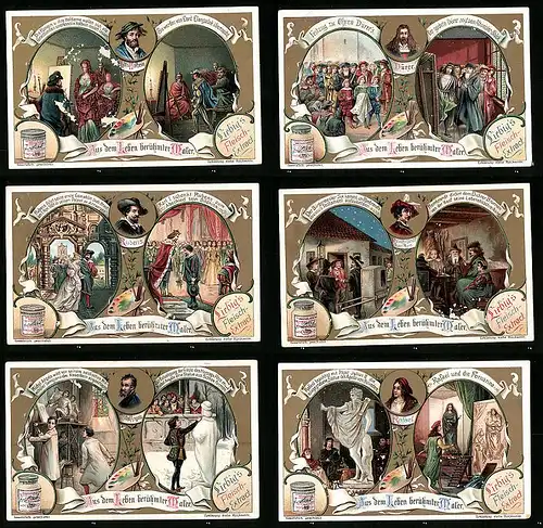 6 Sammelbilder Liebig, Serie Nr.: 771, Aus dem Leben berühmter Maler, Rafael, Michel Angelo, Rembrandt, Rubens, Dürer