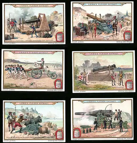 6 Sammelbilder Liebig, Serie Nr.: 723, Kanonen, Mörser, Belagerungsgeschütz, Steingeschütz, Cerbottana Donnerbüchse