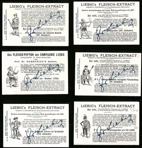 6 Sammelbilder Liebig, Serie Nr.: 723, Kanonen, Mörser, Belagerungsgeschütz, Steingeschütz, Cerbottana Donnerbüchse