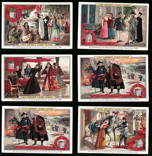 6 Sammelbilder Liebig, Serie Nr.: 498, Theater Alt-Berlin, Friedrich II., Kurfürst Joachim II, General York, Heiden