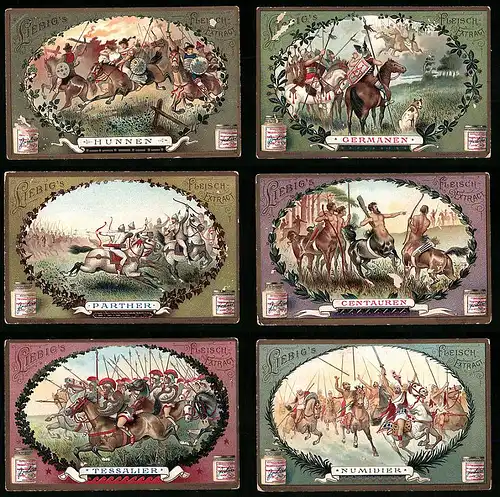 6 Sammelbilder Liebig, Serie Nr.: 763, Reitervölker, Numidier, Tessalier, Centauren, Parther, Germanen, Hunnen