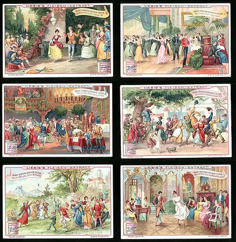 6 Sammelbilder Liebig, Serie Nr.: 770, Tänze verschiedener Zeiten, Menuett, Bauerntanz, Patriziertanz, Gavotte