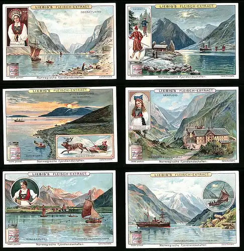6 Sammelbilder Liebig, Serie Nr.: 778, Norwegische Fjordlandschaften, Hardanger, Romsdal, Naerodalen, Alten, Esse, Sogne