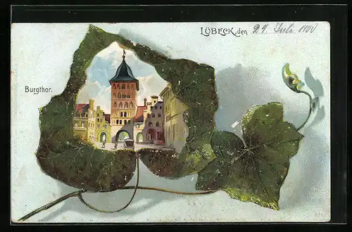 Passepartout-Lithographie Lübeck, Burgtor im Weinblatt