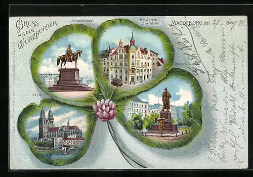 Passepartout-Lithographie Magdeburg, Alter Markt u. Haus Würzburger, Kaiserdenkmal u. Dom im Kleeblatt