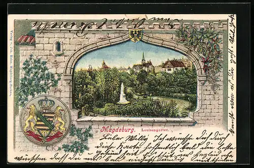 Passepartout-Lithographie Magdeburg, Louisengarten, Wappen