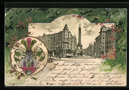 Passepartout-Lithographie Magdeburg, Hasselbachbrunnen, Wappen