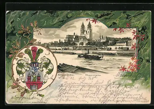 Passepartout-Lithographie Magdeburg, Elbpanorama, Wappen