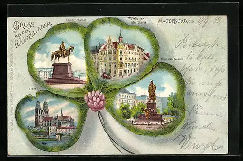 Passepartout-Lithographie Magdeburg, Alter Markt u. Haus Würzburger, Kaiserdenkmal und Dom im Kleeblatt