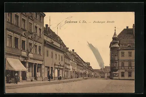 AK Oederan i. Sa., Gasthaus Ratskeller und Geschäfte in der Freiberger Strasse