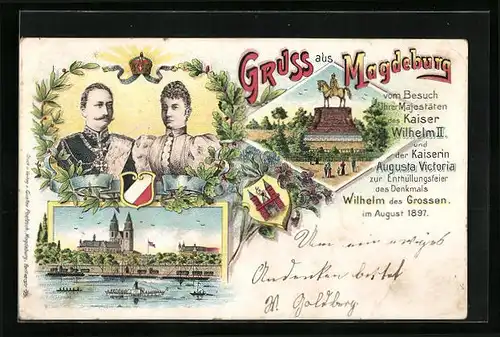 Lithographie Magdeburg, Zur Enthüllungsfeier des Denkmals Wilhelm des Grossen 1897, Kaiserpaar Wilhelm II., Uferpartie