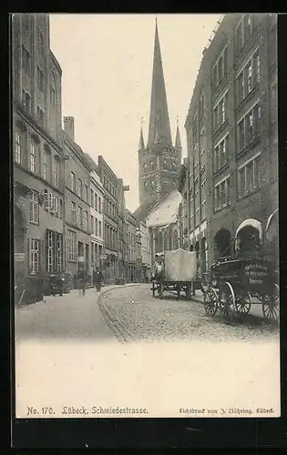 AK Lübeck, Schmiedestrasse mit Geschäft und Kirche