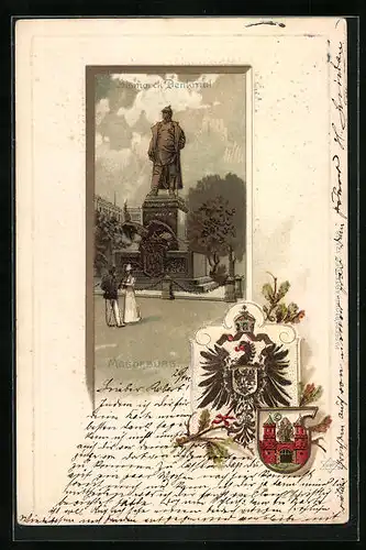Passepartout-Lithographie Magdeburg, Bismarck-Denkmal, Wappen