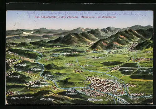AK Mülhausen, Totalansicht mit Vogesen aus der Vogelschau