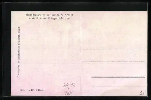 Künstler-AK Bulgarien, Heimgekehrter verwundeter Soldat erzählt seine Kriegserlebnisse