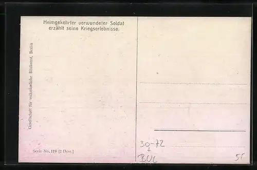 Künstler-AK Bulgarien, Heimgekehrter verwundeter Soldat erzählt seine Kriegserlebnisse