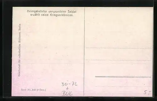 Künstler-AK Bulgarien, Heimgekehrter verwundeter Soldat erzählt seine Kriegserlebnisse