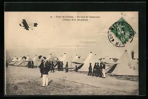 AK Chalons, le Camp, un Coin de Campement, Passage d'un Aéroplane