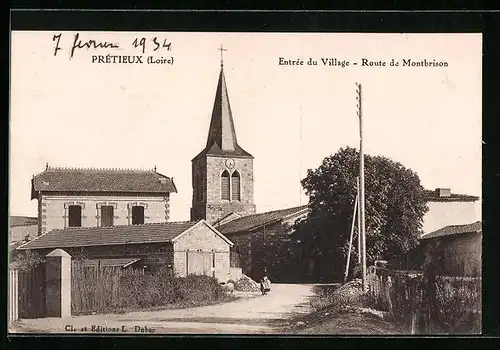 AK Prétieux, Entrée du Village, Route de Montbrison