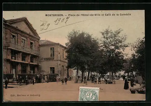 AK Montbrison, Place de l`Hotel-de-Ville et Cafe de la Comedie