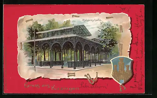 Passepartout-Lithographie Kissingen, Rakoczyhalle, Wappen