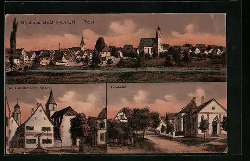 AK Bechhofen, Totalansicht, Partie an der alten Kirche, Turnhalle