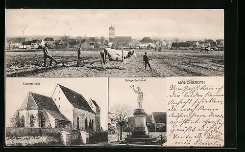 AK Mönchsroth, Teilansicht und Bauern mit Ochsenpflug, Klosterkirche, Kriegerdenkmal