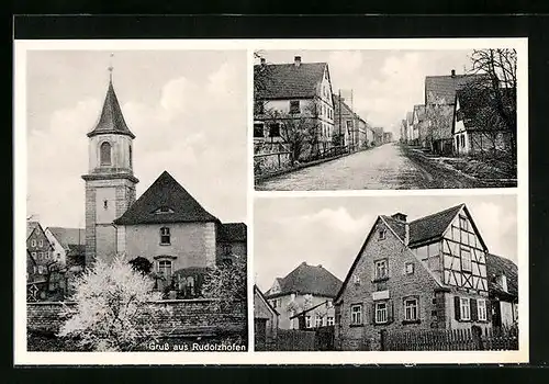 AK Rudolzhofen, Kirche mit Friedhof, Strassenpartie