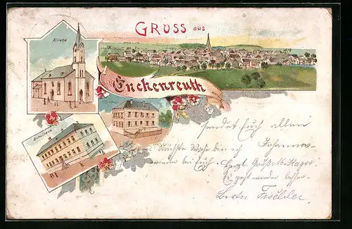 Lithographie Enchenreuth, Kirche, Schulhaus, Panorama