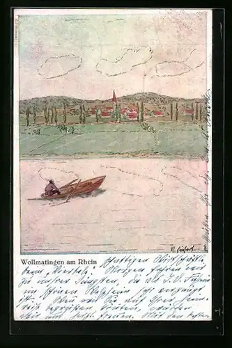 Künstler-AK Wollmatingen am Rhein, Flusspartie mit Ortsansicht